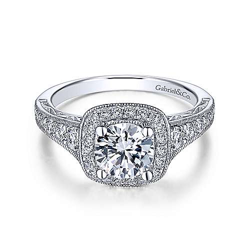 Gabriel & Co Vintage 14K White Gold Cushion Halo Round Diamond Engagement Ring  ER7293W44JJ